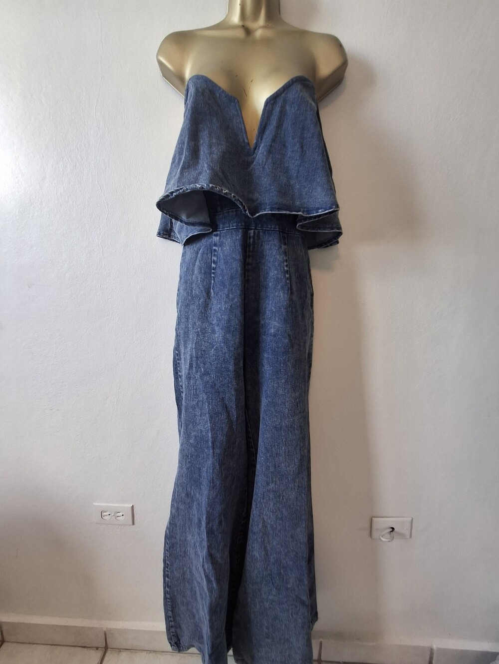 Denim Strapless Wide-Leg Jumpsuit - Blue